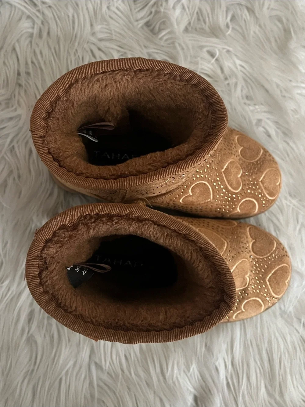 {Tahari} Faux Fur Boots with Embroidered Hearts & Rhinestones - Youth 12
